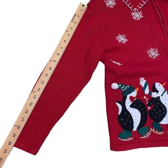 Ice Skating Penguins M Sweater Zip Front Ugly Christmas Sweater CARLY ST. CLAIRE - Picture 8 of 13